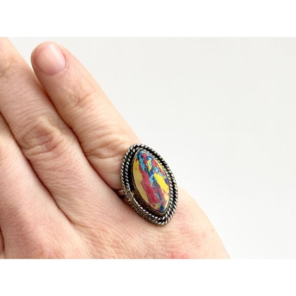 Rainbow Mosaic Jasper Stone Sterling Silver Vintage Southwest Ring - sz 5.75 - Picture 10 of 10